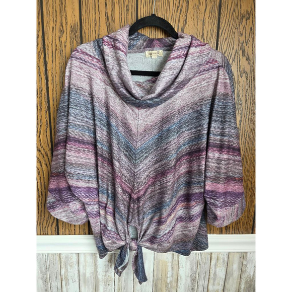 One World Sweaters - Women's One World Cowl Neck Sweater L Purple Gray Striped